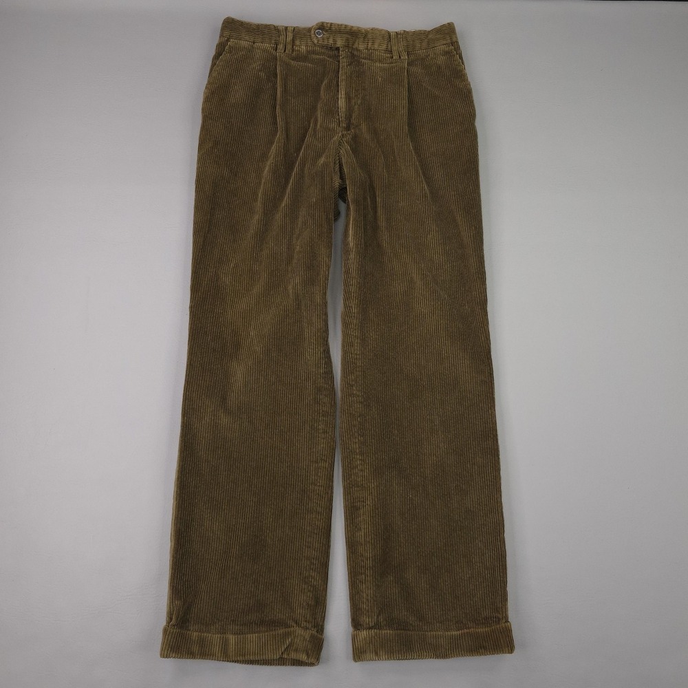 Barbour Pants Mens 34x30 Brown Corduroy Stretch Pleated Cuffed Straight Leg